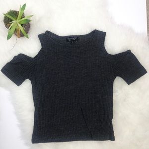 TOPSHOP Grey Ribbed Cut Out Shoulder Crop Top